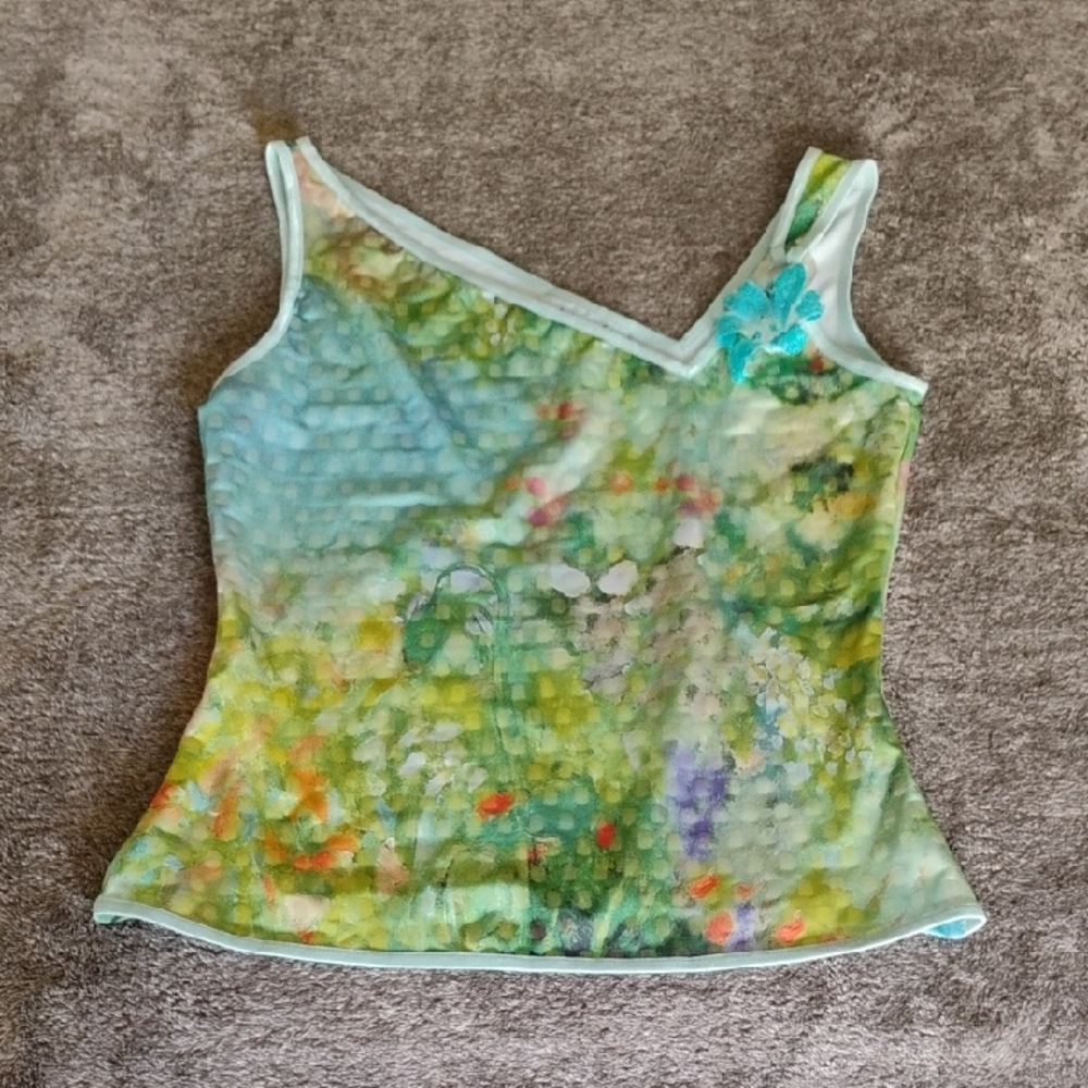Y2K Linda Segal Asymmetric Neckline Floral Watercolor Top